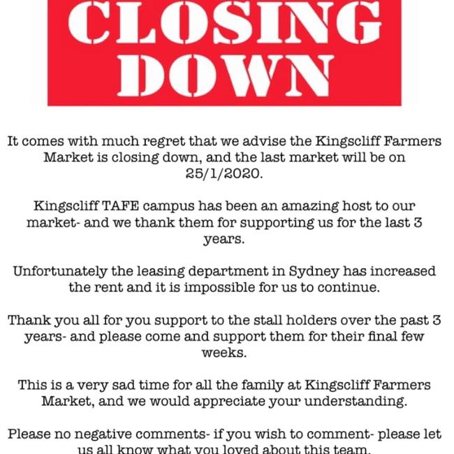 The announcement posted by Kingscliff Farmers' Market.