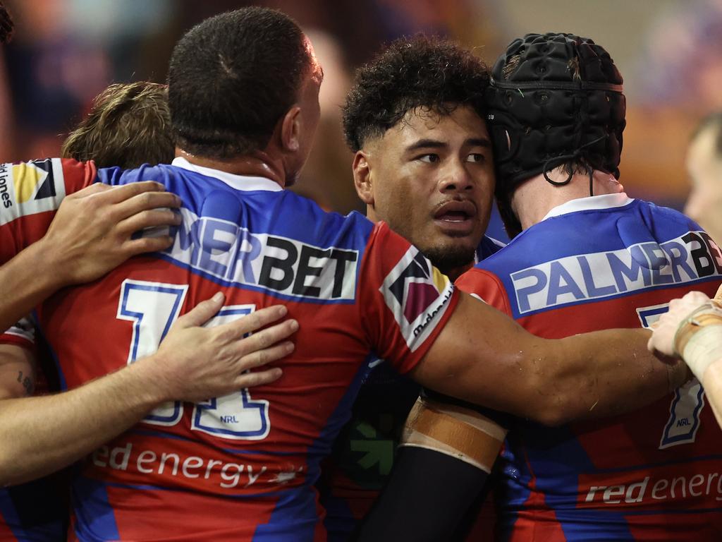 Greg Marzhew of the Knights celebrates scoring a try. Picture: Scott Gardiner/Getty Images