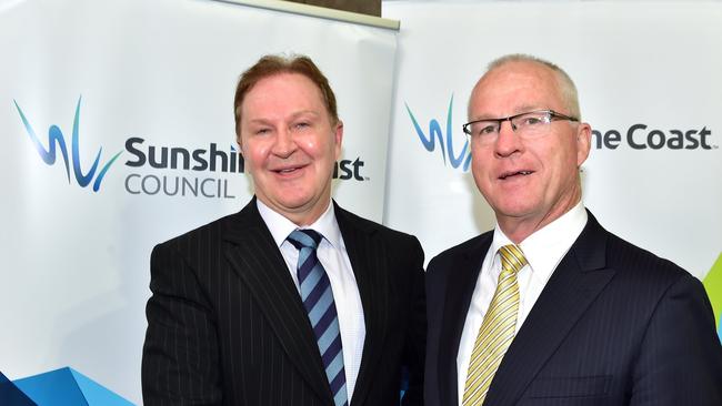 Former Sunshine Coast Council chief executive Michael Whittaker, left, with Mayor Mark Jamieson after his appointment to a five-year term in 2015.