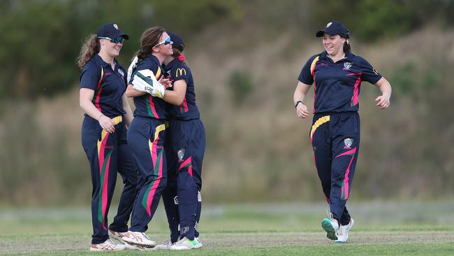 Riverina celebrate a wicket. Picture: Sue Graham