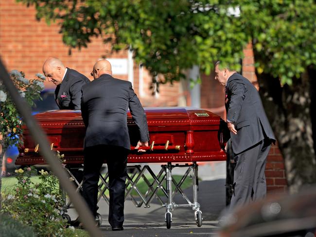 Karen Ristevski’s casket is wheeled into the church. Picture: AAP