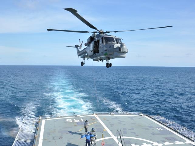 KD Lekiu's Super Lynx aircraft completes winching operations with HMAS Ballarat. *** Local Caption *** HMAS Ballarat and KD Lekiu successfully completed Exercise Mastex in the vicinity of Langkawi Naval Base off the West coast of Malaysia from 1 to 7 Sep 2013. This joint exercise between the Royal Australian Navy (RAN) and the Royal Malaysian Navy (RMN) has been successfully improving relationships and enhancing interoperability between both Navies since 2002. Ballarat and Lekiu conducted a wide range of exercises including air, surface and anti submarine warfare, weapons practices, helicopter operations, tactical manoeuvring, communications, boat drills and boarding operations. F/A 18D Hornet air support was provided by the Royal Malaysian Air Force (18 Squadron) for the conduct of the air warfare component.