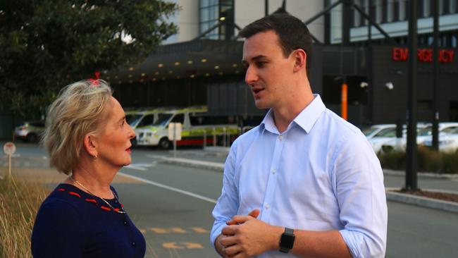 Mudgeeraba MP Ros Bates and Bonney LNP MP Sam O'Connor talk about security issues near the Gold Coast University Hospital.