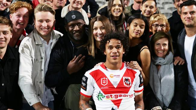 Dragons rookie Tristan Sailor poses with family and friends, including dad Wendell, after his debut on Saturday night. Picture: Getty Images