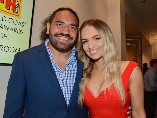 Konrad Hurrell and Bec Bates at Gold Coast Titans Awards night at QT Resort, Surfers Paradise. Picture: Regina King