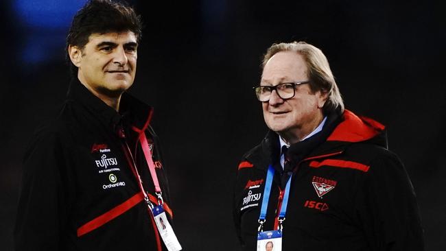 Kevin Sheedy and Dodoro before an Essendon and Western Bulldogs match at Marvel Stadium in August 2019.