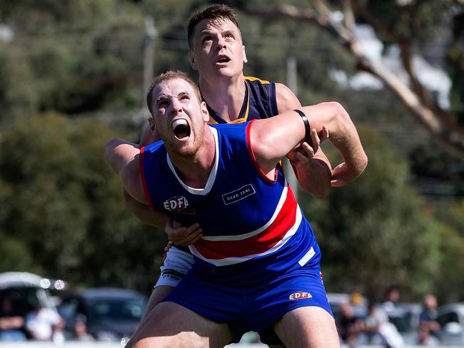 Hamish McIntosh and Andrew Browne contest a boundary throw in. Picture: Mark Dadswell