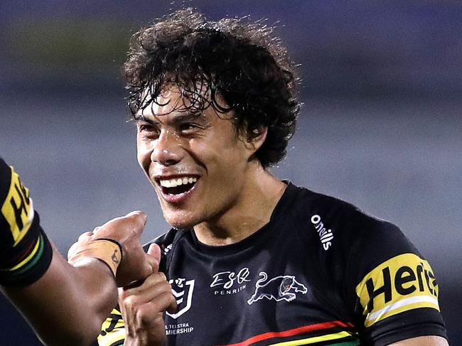 Penrith's Jarome Luai celebrates with Stephen Crichton after he awarded a penalty try during NRL match between the Penrith Panthers and Wests Tigers at Penrith Stadium. Picture. Phil Hillyard