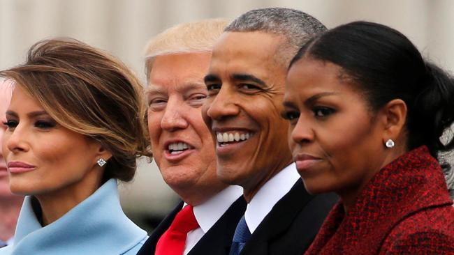 Melania and Donald Trump with Barack and Michelle Obama at the US Capitol in Washington after the 45th US President’s inauguration ceremonies on January 20, 2017. Picture: Reuters