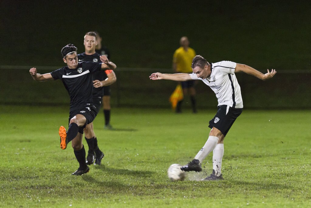 Mitchell Tansky strikes for Willowburn against Willowburn White in Toowoomba Football League Premier Men round five at Commonwealth Oval, Saturday, March 30, 2019. Picture: Kevin Farmer