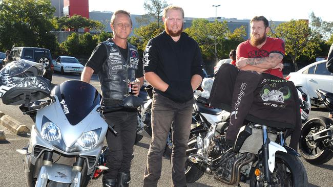 Tim Wilson, David Durbin and Scozzy at Loganholme to remember their friend Zac Jones at a motorcycle rally on Saturday, June 27. Picture: John Gass