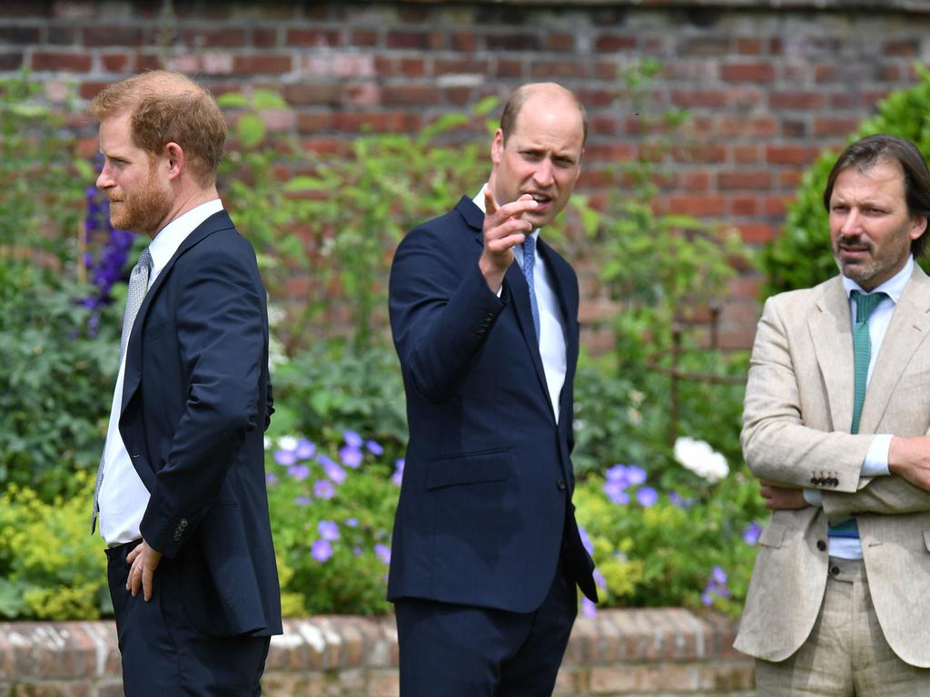 Prince Harry, Duke of Sussex and Prince William, Duke of Cambridge speak with garden designer Pip Morrison. Picture: Getty Images