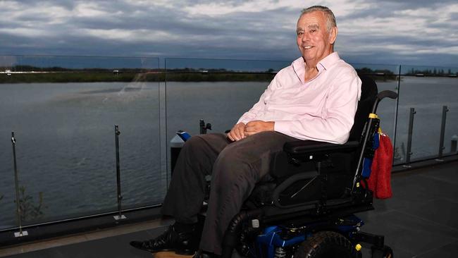 Former Sunshine Coast councillor and Wallabies coach John Connolly fell 2m at his father Jack's house in 2021. He broke his neck and has no feeling below his chest and is now in a wheelchair. Picture: Patrick Woods.