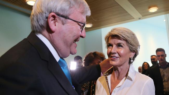 Former PM Rudd with Julie Bishop at the book launch of Former PM Kevin Rudd's new book The PM Years at Parliament House in Canberra. Picture Kym Smith