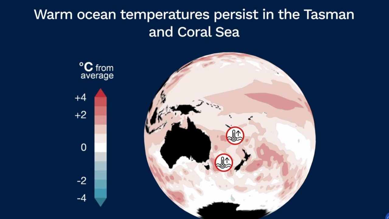 While seas close to eastern Australia are warm, Nina is slowly weakening and is likely to vanish completely by April. Picture: BOM.