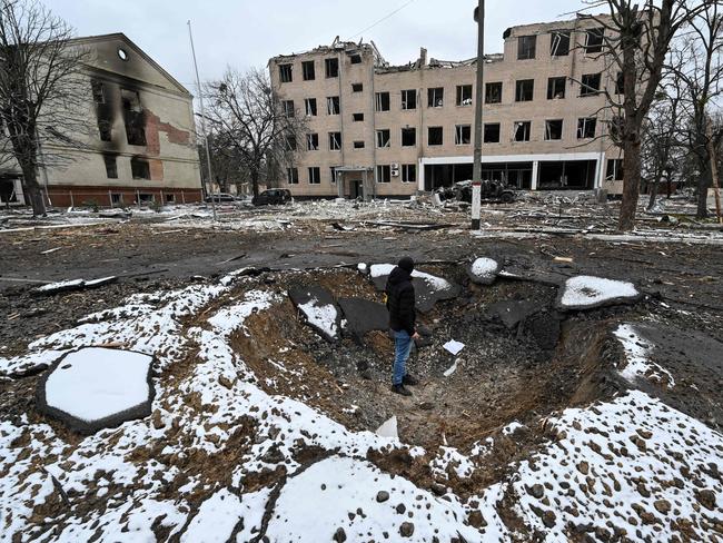 The view of a military facility which was destroyed by recent shelling in the city of Brovary outside Kyiv. Picture: AFP