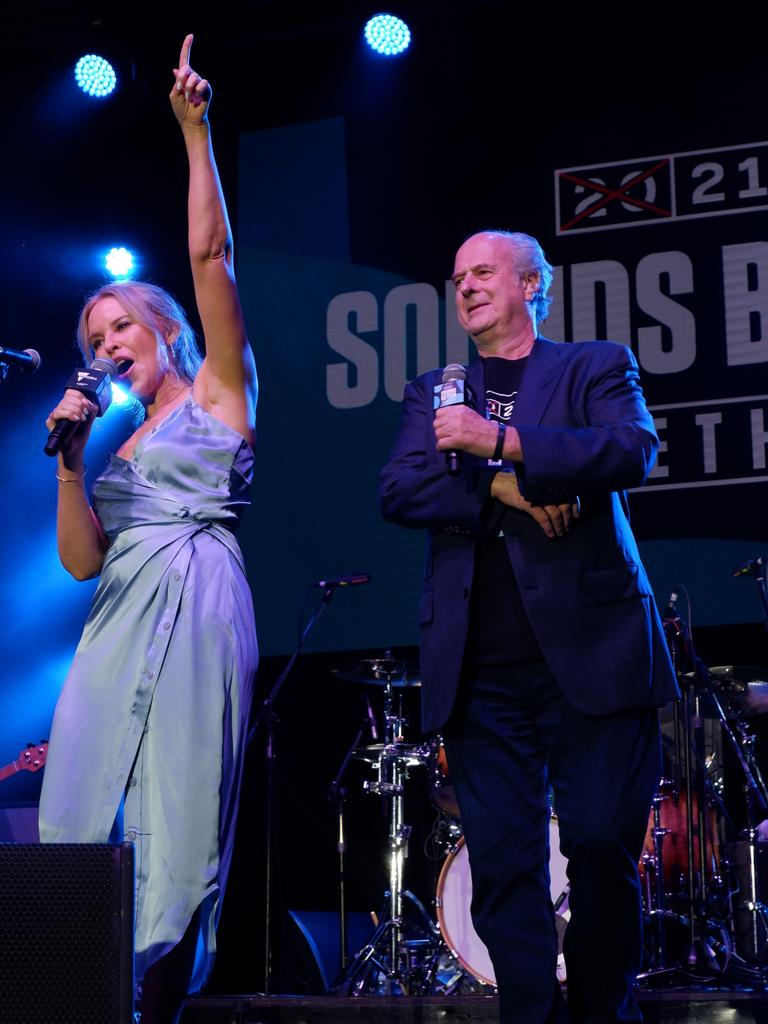 Kylie Minogue and Michael Gudinski in Mallacoota in January this year for Sounds Better Together. Picture: Aisling Charlesworth