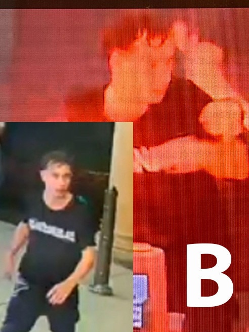 Person B, is described as being of caucasian appearance, of thin build with short hair and is depicted wearing black Adidas-brand shoes with white stripes, blue jeans, and a black T-shirt and has a tattoo on the right bicep area.