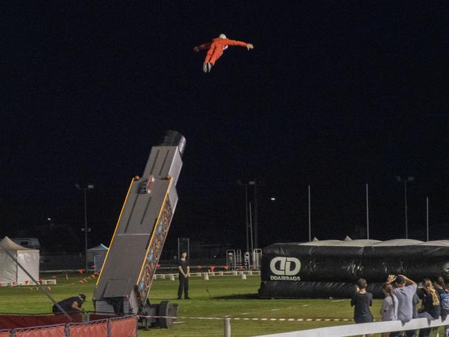 The Human Cannonball in mid-air at the Mildura Show 2024. Picture: Noel Fisher