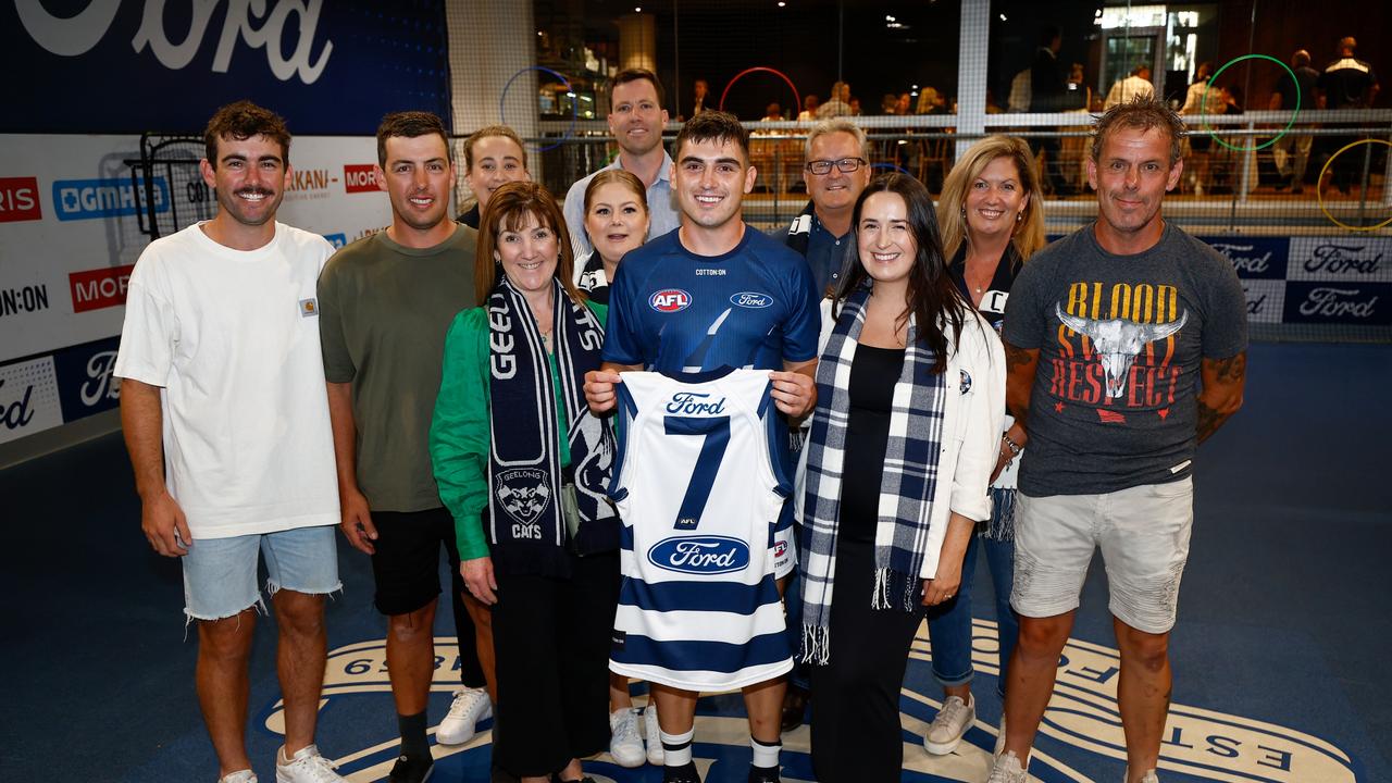 Mannagh with friends and family before his debut. Picture: Michael Willson/AFL Photos via Getty Images