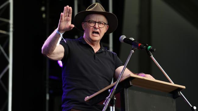 Anthony Albanese speaking at the Woodford Folk Festival in Queensland. Picture: NCA Newswire / Claudia Baxter