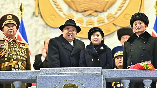 Experts suspect the sudden prominence of Kim Jong-un’s daughter, presumed to be named Ju Ae, means he’s appointed her his successor. Picture: KCNA via KNS