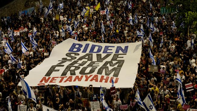 Protesters in Tel Aviv on Saturday night call for a hostage deal with Hamas and against Israeli Prime Minister Benjamin Netanyahu and his government. Picture: Getty Images