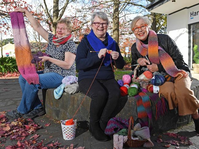 19/05/20 - Di Liebelt (Uradila CWA) Linda Terrel (Mt Baker CWA) and Julie Kimber  (Stirling CWA) knitting gifts to be sold for charity.  Pictured outside Fleurs at Stirling.Picture: Tom Huntley