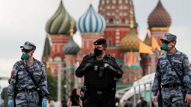 Russian security forces patrol Moscow’s Red Square at the weekend. Picture: Reuters