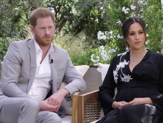 Harry and Meghan seen during interview with Oprah Winfrey. Picture: CBS