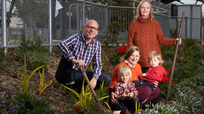 Rosetta St Greening volunteers Daniel Cooper, Louise Flaherty and Margaret Gauci, pictured with Louise’s sons Oliver, 5 and Roy, 2. Picture: Matt Loxton