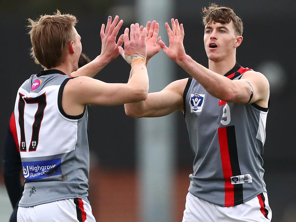 Tom Murphy (R) celebrates a goal from Frankston VFL teammate Bailey Lambert in 2022. Picture: Kelly Defina/AFL Photos/via Getty Images