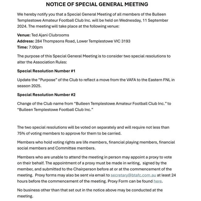 Bulleen Templestowe has issued notice for a special meeting.