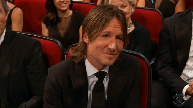 Keith Urban during Nicole Kidman's acceptance speech at the 2017 Emmys.