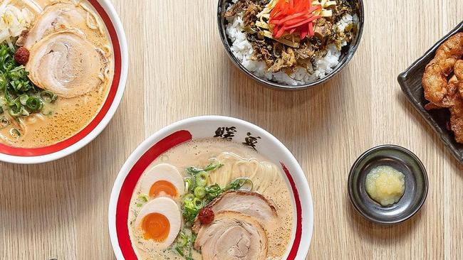 A spread of ramen and sides at Ramen Danbo.