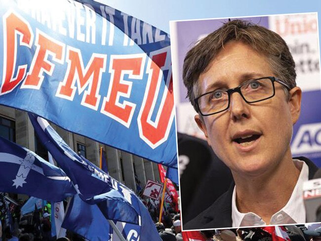 ACTU secretary Sally McManus, right, and the CFMEU flag. Pictures: