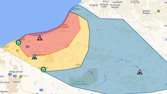 The DFES map showing the red alert warning area, surrounding yellow alert area, and the wider blue alert area.