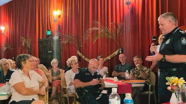 Pomona Police led by Sergeant Dan McNamara address the Majestic Theatre quarry truck information forum