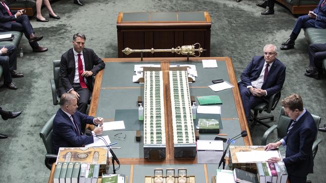 Scott Morrison and Anthony Albanese in a thinned out House of Representatives. Picture: Gary Ramage