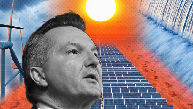 15 November 2024; A photo comp of wind power, solar power and hydro power with Chris Bowen overlayed at the front in black and white. Collage by Emilia Tortorella. Sources: iStock and supplied. Ratio 4:3. FOR DIGITAL.