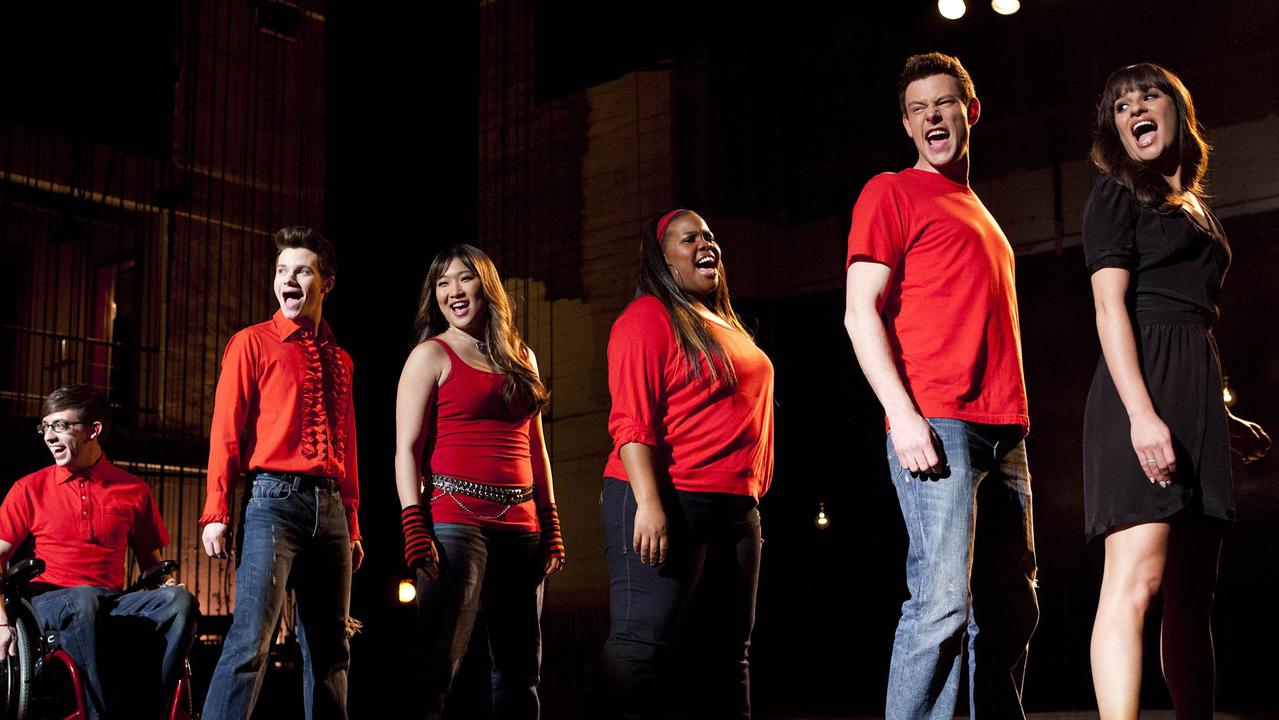 Michele (far right) with some of the main cast of Glee. Picture: AP Photo/Fox, Adam Rose