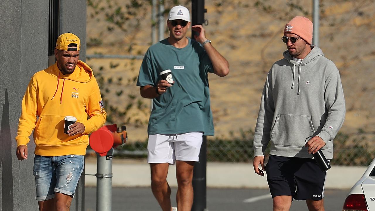 Jesse Hogan (right) pictured at Fremantle for COVID-19 testing on Friday. He returned to training today. (Photo by Paul Kane/Getty Images)