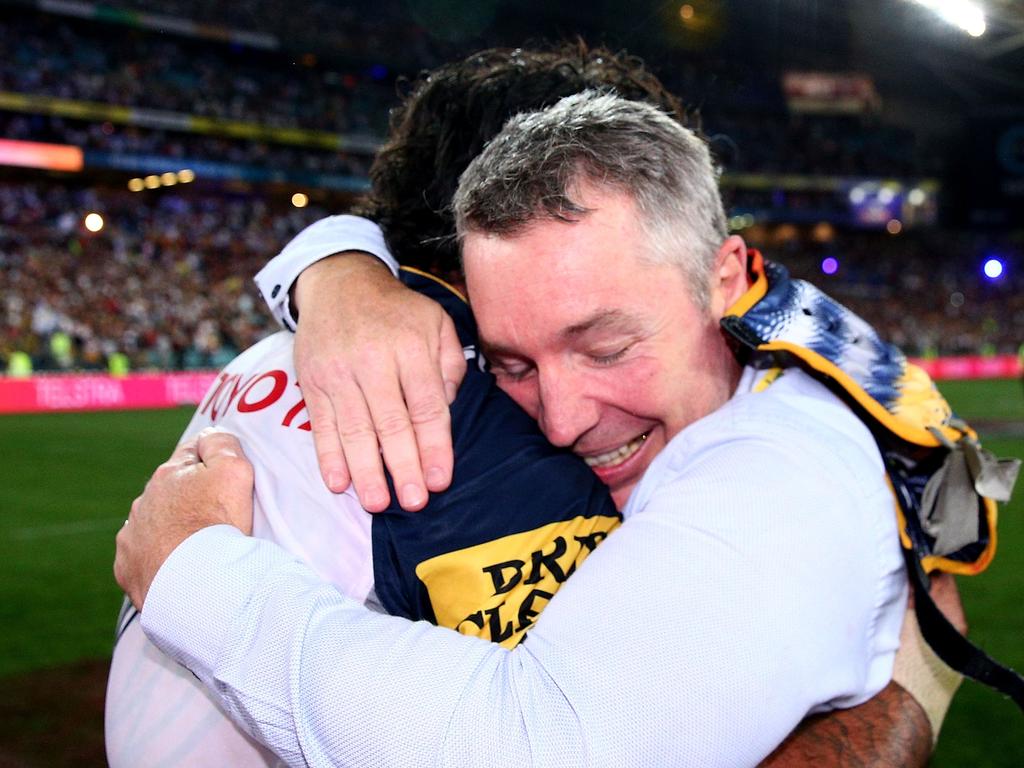 Johnathan Thurston and Paul Green celebrate after winning the 2015 NRL Grand Final. Picture: Getty Images