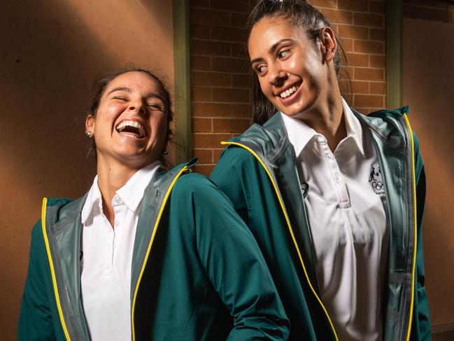 Beach Volleyballers Mariafe Artacho del Solar and Taliqua Clancy with their new uniforms for the Tokyo Olympics in 2020. Picture: Brad Fleet