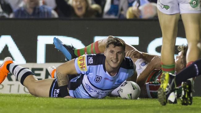 Bronson Xerri scores a try for the Sharks. Picture: AAP