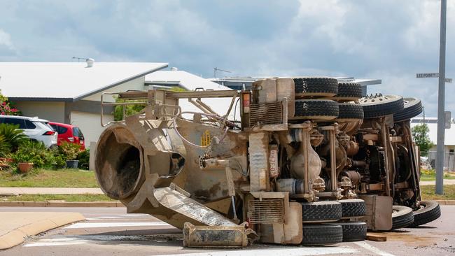 The cement mixer on its side in Muirhead today. Picture: Glenn Campbell