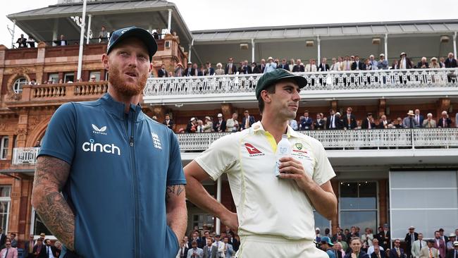 Ben Stokes speaks to Pat Cummins after play. Picture: Getty Images.