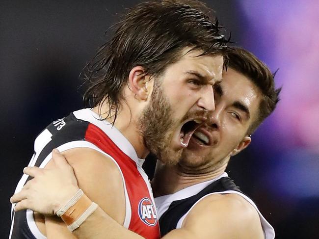 MELBOURNE, AUSTRALIA - JULY 27: Josh Bruce (left) and Jade Gresham of the Saints celebrate during the 2019 AFL round 19 match between the St Kilda Saints and the Melbourne Demons at Marvel Stadium on July 27, 2019 in Melbourne, Australia. (Photo by Michael Willson/AFL Photos via Getty Images)