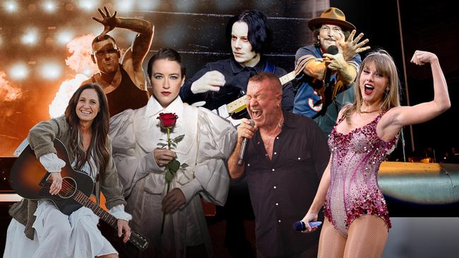 Artists featured in the 'best of 2024 music' wrap by The Australian's national music writer, Andrew McMillen. From left: Kasey Chambers, Winston McCall (of Parkway Drive), Megan Washington, Jack White, Jimmy Barnes (of Cold Chisel), Eddie Vedder (of Pearl Jam) and Taylor Swift. Picture edited by Emilia Tortorella