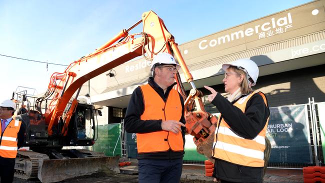 Former Victorian premier Daniel Andrews and current Victorian Premier Jacinta Allan at the site of the Suburban Rail Loop project at Melbourne’s Clayton. Picture: NCA NewsWire / Andrew Henshaw